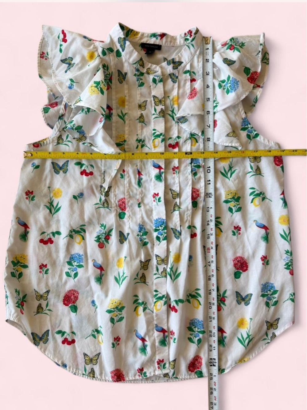 Ann Taylor White Floral & Butterfly Flutter Ruffle-Sleeve Summer Fairy Blouse - Picture 5 of 6